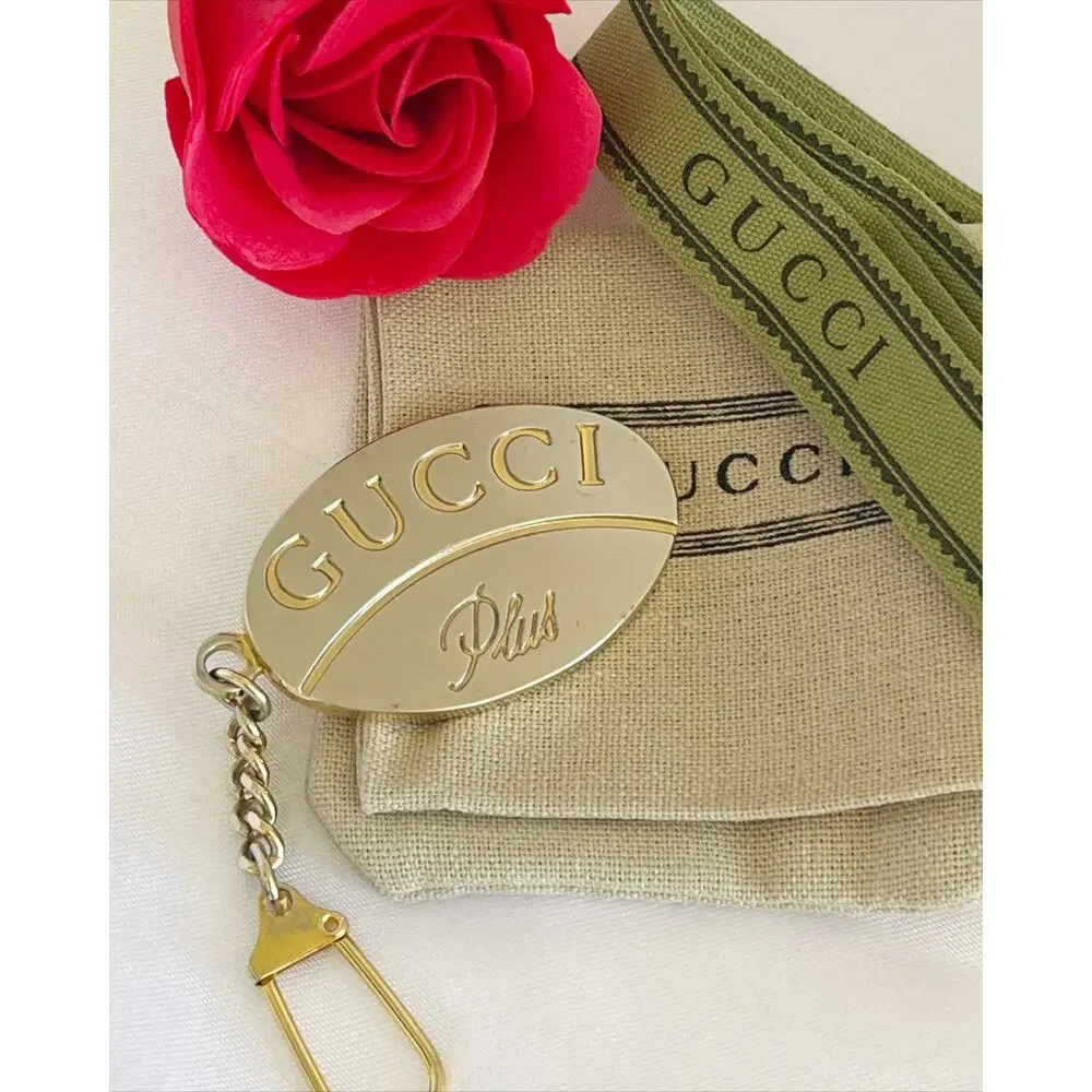 GUCCI Plus Logo Plate Keychain Bag Charm Silver X Gold Vintage